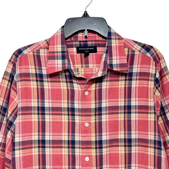 Banana Republic Slim Fit Red Plaid Long-Sleeve Button-Up Shirt‎ 100% Cotton Size - Picture 10 of 10